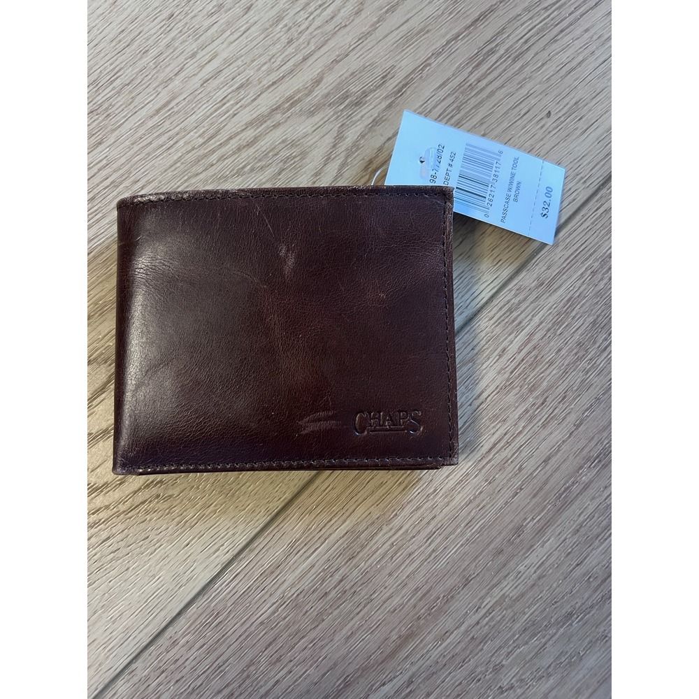 Chaps Mens Brown Leather Bifold Passcase Wallet With ID Window‎